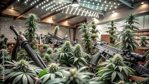 Marijuana Grow House with Bokeh Effect: Guns, Cannabis Plants, and Urban Aesthetics photo