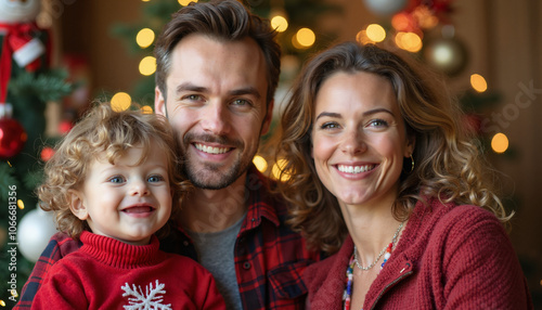 A family of three, including a father, mother, and young son, all smile at the camera. The father is holding the son in his lap.