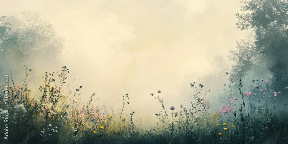 Obraz premium Hand painted watercolor of a field of wildflowers in a soft, misty landscape