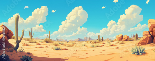Desert landscape background illustration. American desert landscape illustration. Cartoonish desert plateau. Desert background for game or banner. Western desert landscape. Desert illustration.
