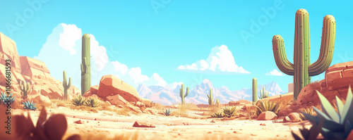 Desert landscape background illustration. American desert landscape illustration. Cartoonish desert plateau. Desert background for game or banner. Western desert landscape. Desert illustration.