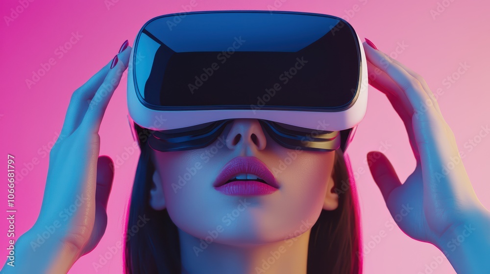 Woman using virtual reality headset with vibrant background, experiencing immersive digital environment. Woman using virtual reality headset with vibrant background, experiencing immersive digital environment.