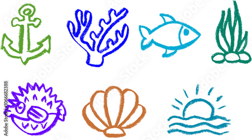 Sea Ocean Related Icon Crayon Chalk Drawing Vector Set