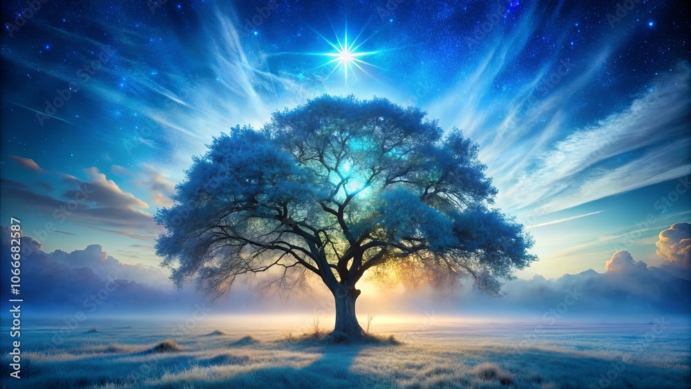 A solitary tree stands tall against a backdrop of a celestial canvas, adorned with a radiant star, its luminescence casting a serene glow on the ethereal landscape. A solitary tree stands tall against a backdrop of a celestial canvas, adorned with a radiant star, its luminescence casting a serene glow on the ethereal landscape.