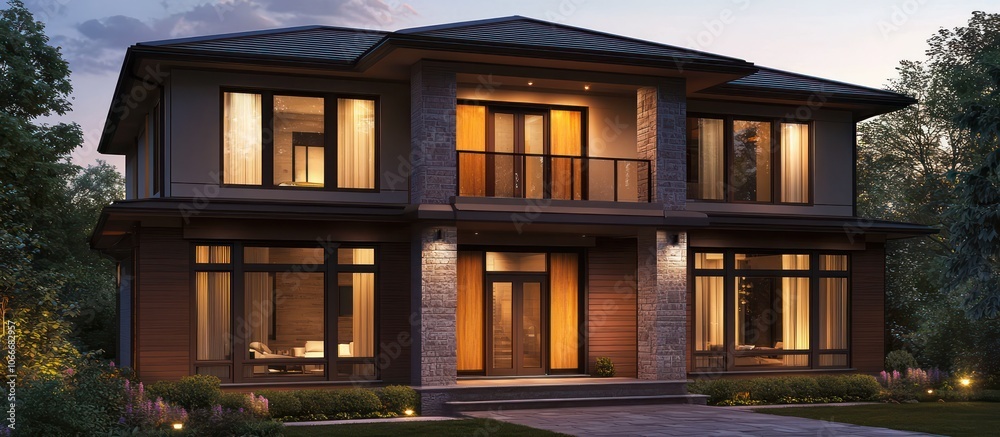Evening-lit modern Toronto home with dark windows and ochre accents. Evening-lit modern Toronto home with dark windows and ochre accents.