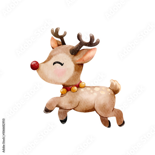 Watercolor Christmas with adorable reindeer cartoon character, Perfect for Christmas greeting cards and festive decoration vector