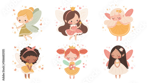 Set of cute drawn fairies for girls and babies. Fairy princess with wings and flowers. Vector isolated character