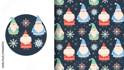 Winter seamless pattern with snowflakes and cute gnomes. Baby fabric swatch for winter clothes. Vector ornament with elements