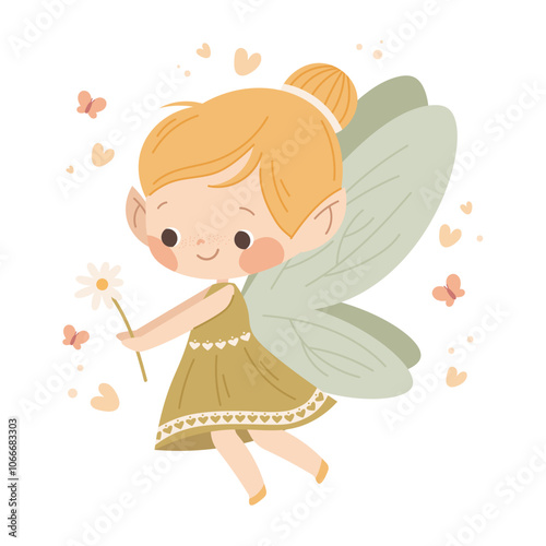 Cute flower fairy with daisy in her hands. Princess with wings in green dress. Vector kids character