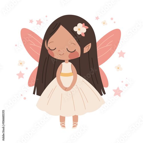 Cute princess with wings in white dress. Fantastic fairy on white background. Vector character for kids