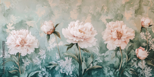 Wallpaper Mural Hand painted watercolor of delicate peonies in full bloom with soft pinks and greens Torontodigital.ca