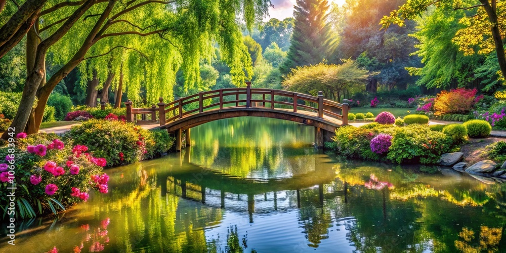 A serene garden landscape with a wooden bridge spanning a tranquil pond, surrounded by vibrant foliage and blooming flowers, illuminated by the warm glow of the setting sun. A serene garden landscape with a wooden bridge spanning a tranquil pond, surrounded by vibrant foliage and blooming flowers, illuminated by the warm glow of the setting sun.