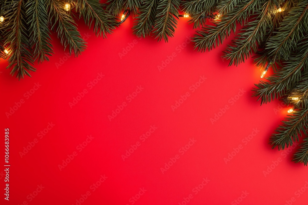 Christmas tree branches with glowing lights on red background. Christmas and New Year celebration concept. Holiday mockup for card, banner and invitation with copy space. Christmas tree branches with glowing lights on red background. Christmas and New Year celebration concept. Holiday mockup for card, banner and invitation with copy space.
