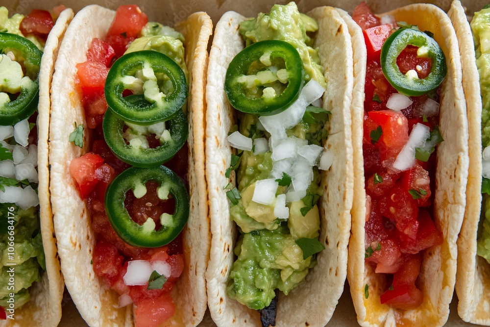 Close-up of Delicious Tacos with Guacamole, Jalapeno, Tomato and Onion Close-up of Delicious Tacos with Guacamole, Jalapeno, Tomato and Onion