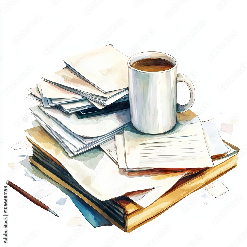 Coffee mug on a stack of papers. Coffee mug on a stack of papers.