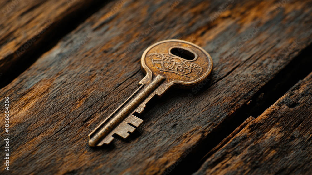 close up photograph of antique key resting on rustic wooden surface, showcasing its intricate design and texture. warm tones of wood enhance vintage feel close up photograph of antique key resting on rustic wooden surface, showcasing its intricate design and texture. warm tones of wood enhance vintage feel