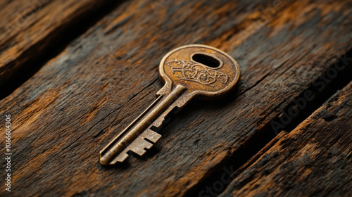 close up photograph of antique key resting on rustic wooden surface, showcasing its intricate design and texture. warm tones of wood enhance vintage feel