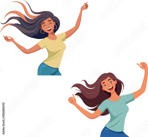 Happy young women dancing and enjoying music, moving with long hair flowing
