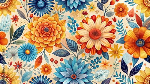 Wallpaper Mural A vibrant tapestry of blooming flowers, layered with intricate foliage, showcasing a symphony of blue, orange, and yellow hues, creating a visually captivating floral pattern. Torontodigital.ca