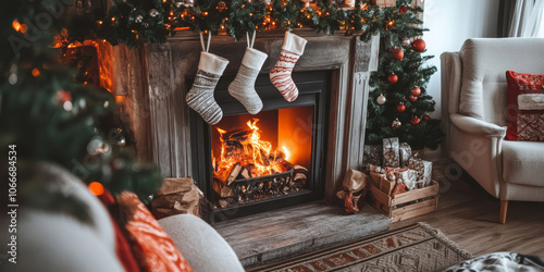 Cozy fireplace scene decorated with stockings and garlands, with warm orange flames flickering in the hearth photo