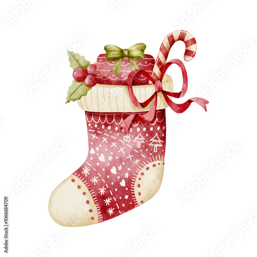 Watercolor hand drawn christmas stocking full of gifts and treats cartoon character, Perfect for Christmas greeting cards and festive decoration vector 01