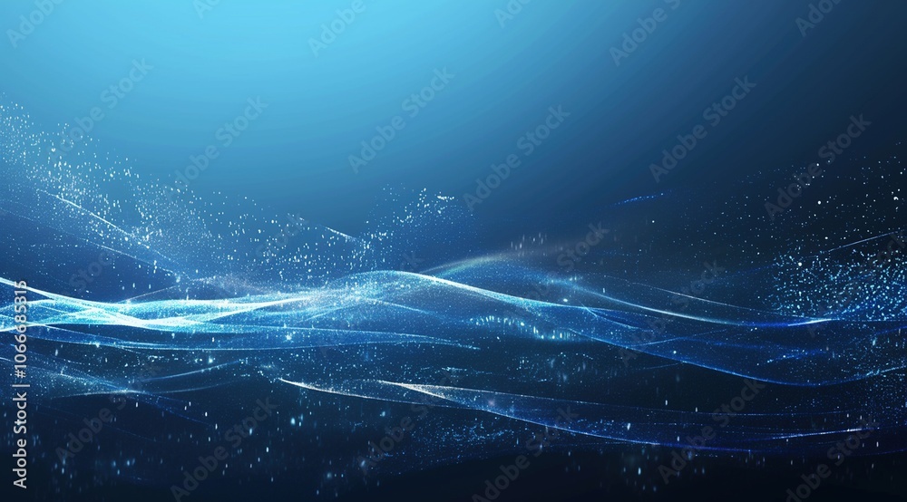 Fototapeta premium Dark Blue Ocean-Inspired Background with Flowing Light Waves and Particles – Minimalist Design Evoking Calmness and Tranquility, Perfect for Creating a Serene Atmosphere
