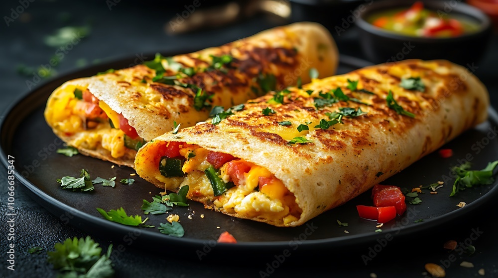 Two crisp golden Indian masala dosa stuffed Two crisp golden Indian masala dosa stuffed