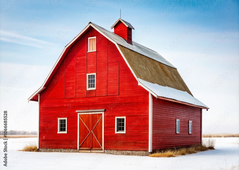Fototapeta premium Minimalist Red Farm Barn in White Background - Agriculture Photography, Rustic Ranch, Country Life, Farmhouse, Barn Design, Agricultural Landscape, Nature, Simple, Isolated Structure