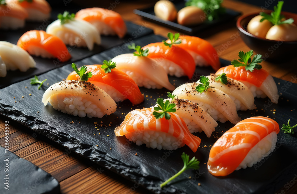 salmon sushi lying on a cutting board salmon sushi lying on a cutting board