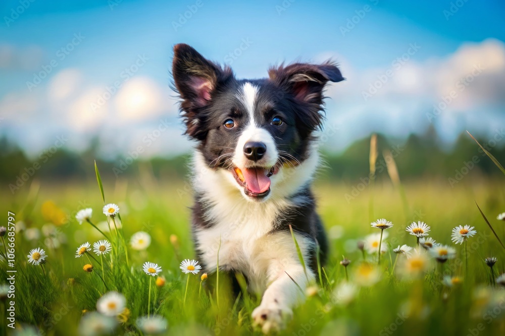 Charming Black and White Border Collie Puppy Playing in a Sunlit Field, Capturing the Joy and Energy of Youthful Dogs in Nature's Embrace, Ideal for Pet Lovers and Animal Enthusiasts Charming Black and White Border Collie Puppy Playing in a Sunlit Field, Capturing the Joy and Energy of Youthful Dogs in Nature's Embrace, Ideal for Pet Lovers and Animal Enthusiasts