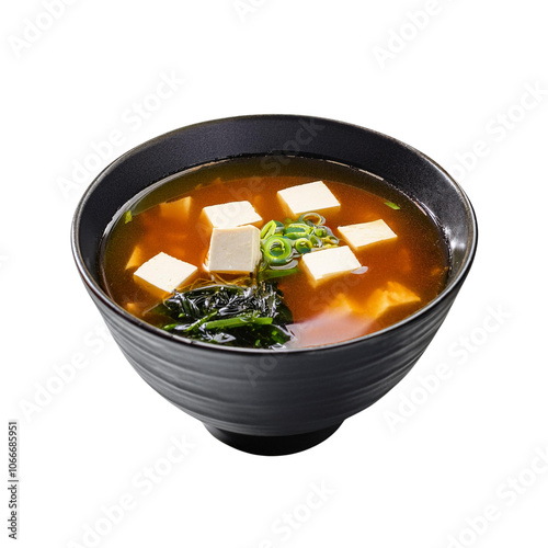 Delicious miso soup in a black bowl transparent background