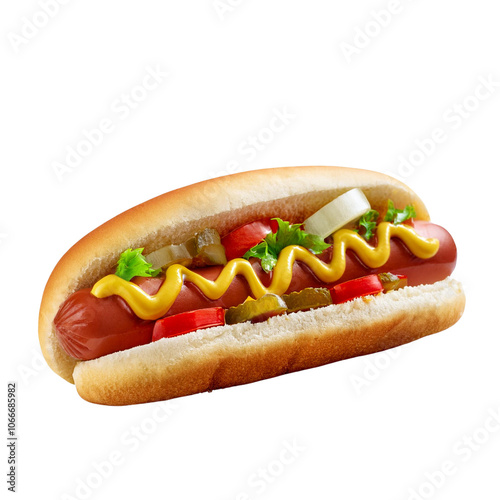 Delicious hot dog with toppings, white isolate background transparent background