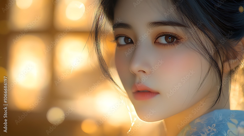 A serene portrait of a woman in a traditional hanbok, her face illuminated by soft natural light, eyes reflecting peace. Background subtly showing blurred hints of traditional wooden structures, A serene portrait of a woman in a traditional hanbok, her face illuminated by soft natural light, eyes reflecting peace. Background subtly showing blurred hints of traditional wooden structures,