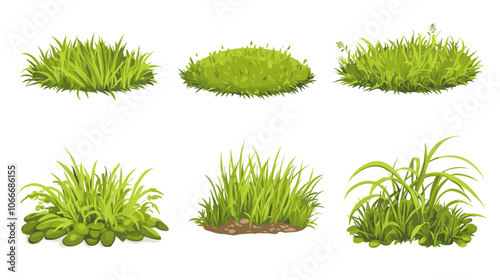 Set of vector grass illustrations on a white background Green flat meadows on white background Green turf vector set. Lawn field pasture grassland blades of grass Eco element foliage, stylized ecology