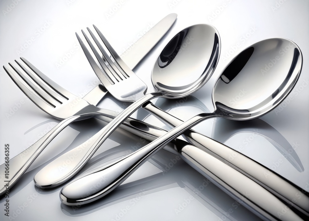 Clean Dishes Falling Fork Spoon and Knife on White Background - Captivating Fashion Photography of Kitchen Utensils in Motion for Modern Culinary Aesthetics Clean Dishes Falling Fork Spoon and Knife on White Background - Captivating Fashion Photography of Kitchen Utensils in Motion for Modern Culinary Aesthetics