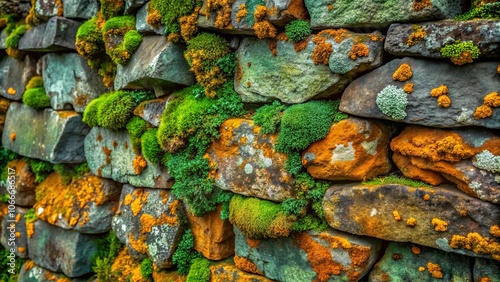 An ancient stone wall, weathered by time and adorned with vibrant green moss and delicate orange lichen, whispers tales of enduring resilience. photo