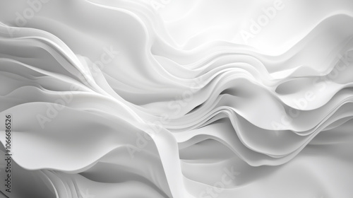 Abstract representation of flowing white fabric with soft waves and folds, creating serene and elegant atmosphere