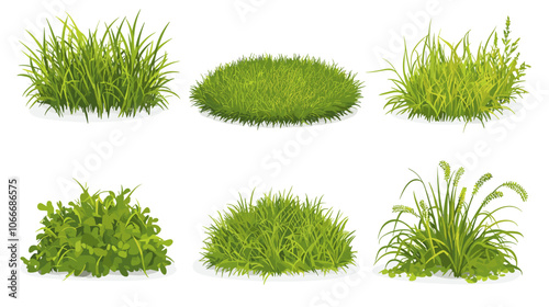 Set of vector grass illustrations on a white background Green flat meadows on white background Green turf vector set. Lawn field pasture grassland blades of grass Eco element foliage, stylized ecology