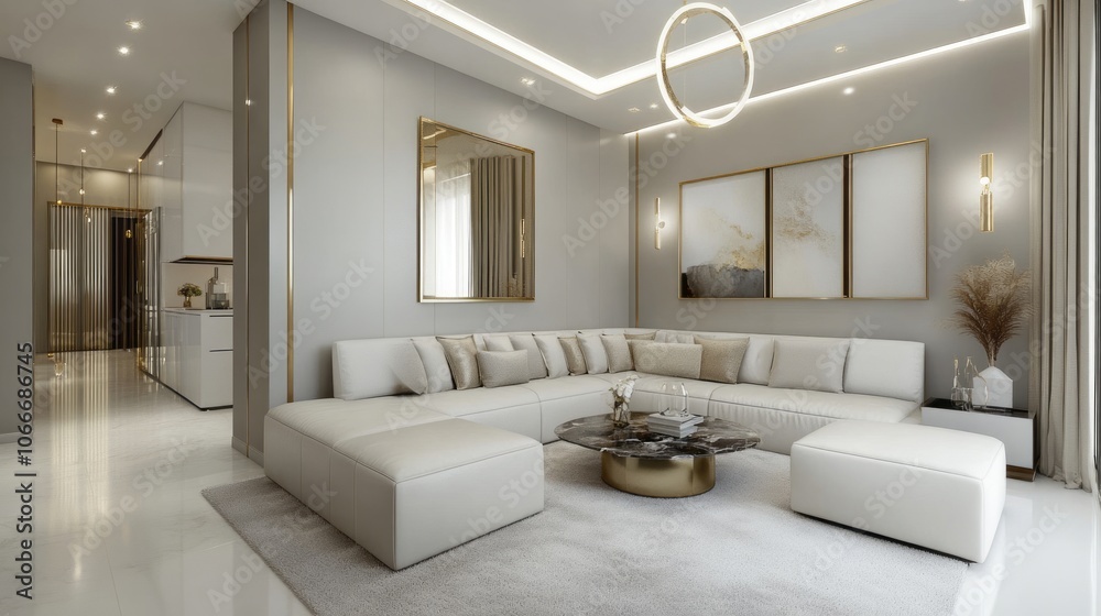 Modern Living Room with White Sectional Sofa and Gold Accents