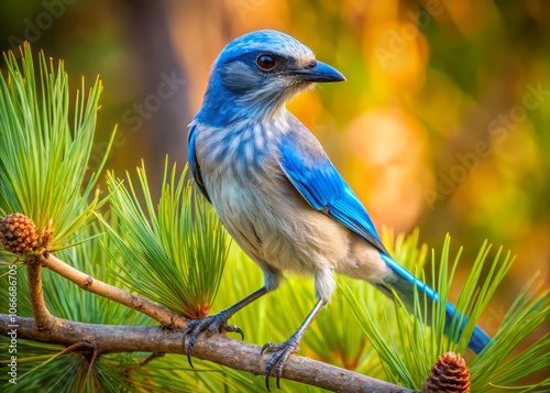 Close-Up Long Exposure of a Florida Scrub Jay Perched on a Pine Tree Branch Amidst a Softly Blurred Background, Capturing the Beauty of Nature in Florida's Unique Ecosystem photo