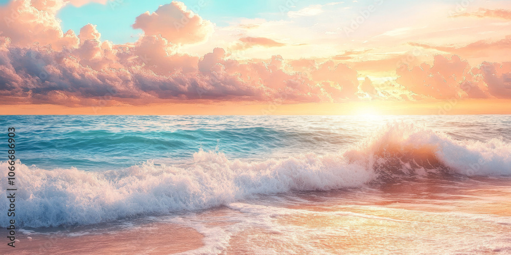 Fototapeta premium Hand painted watercolor of soft ocean waves and a sandy beach under a warm sunset sky