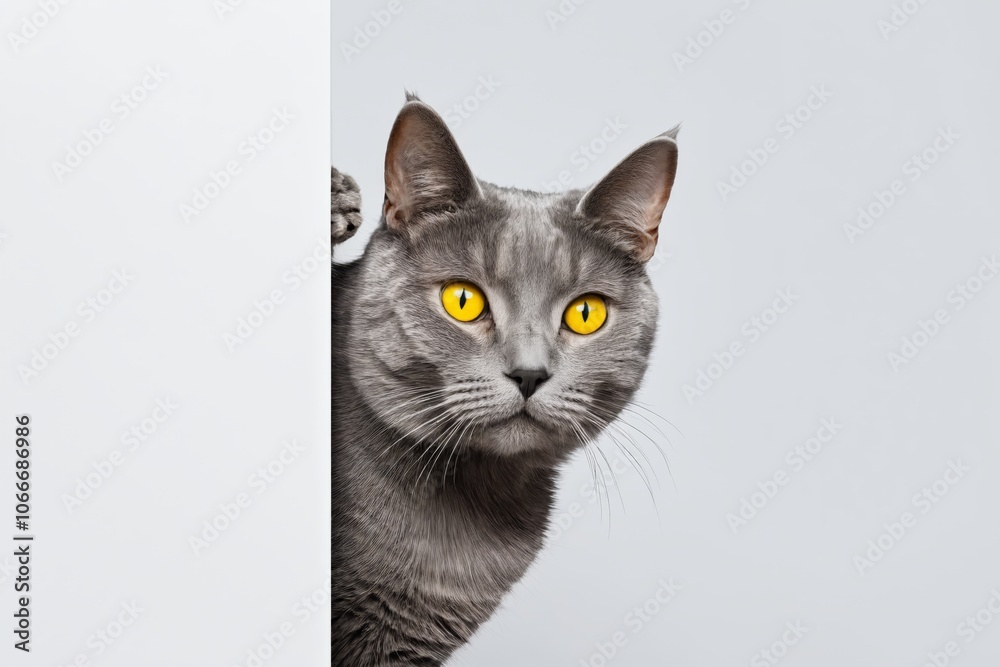 Gray cat peering from behind a white wall Gray cat peering from behind a white wall