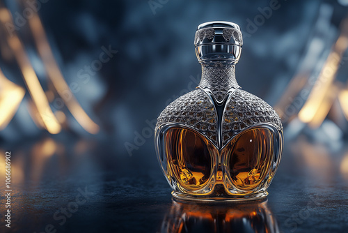 Bottle of premium cognac whiskey on table. background with copy space.. photo