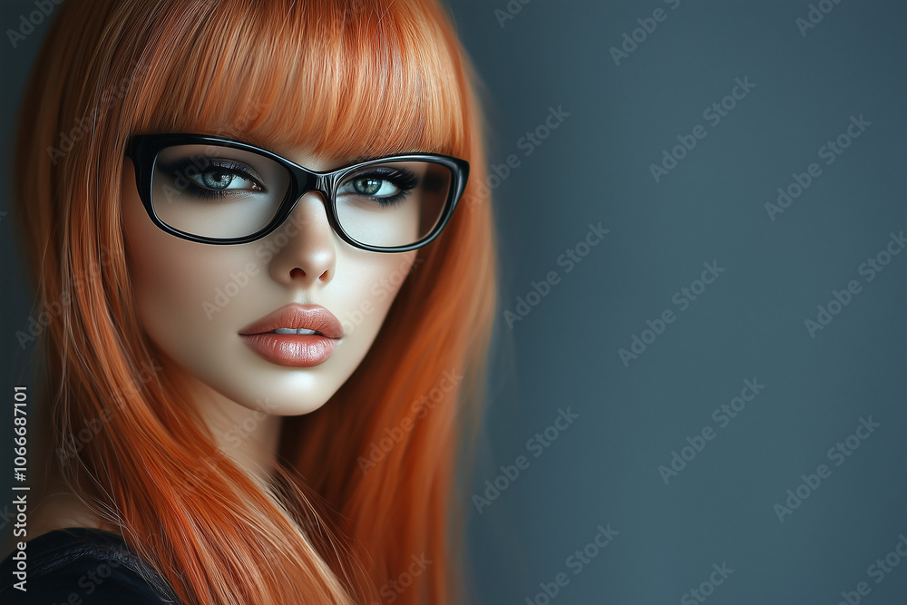 Beautiful businesswoman with red hair in glasses on blue background with copy space... Beautiful businesswoman with red hair in glasses on blue background with copy space...