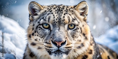 Close-Up of a Snow Leopard's Face Capturing the Wild Cat's Intense Gaze and Unique Spot Patterns in a Natural Habitat with Soft Snow Backdrop for Nature Photography Enthusiasts