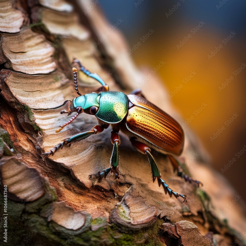 Fototapeta premium Macro of beetle on tree bark, rich textures and tiny details, beauty in nature brown and green color
