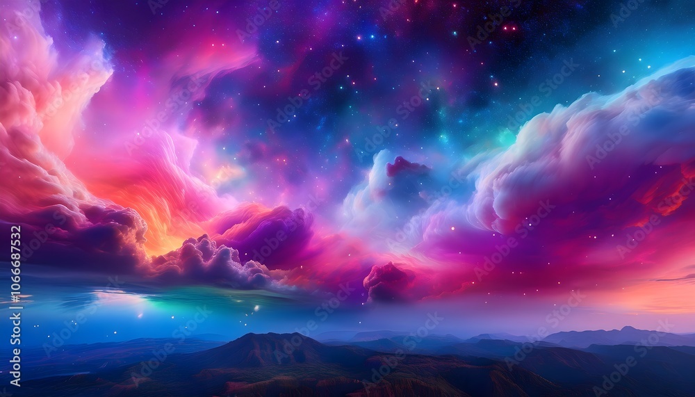A dreamy psychedelic background filled with neon-colored clouds that fade into a deep space A dreamy psychedelic background filled with neon-colored clouds that fade into a deep space