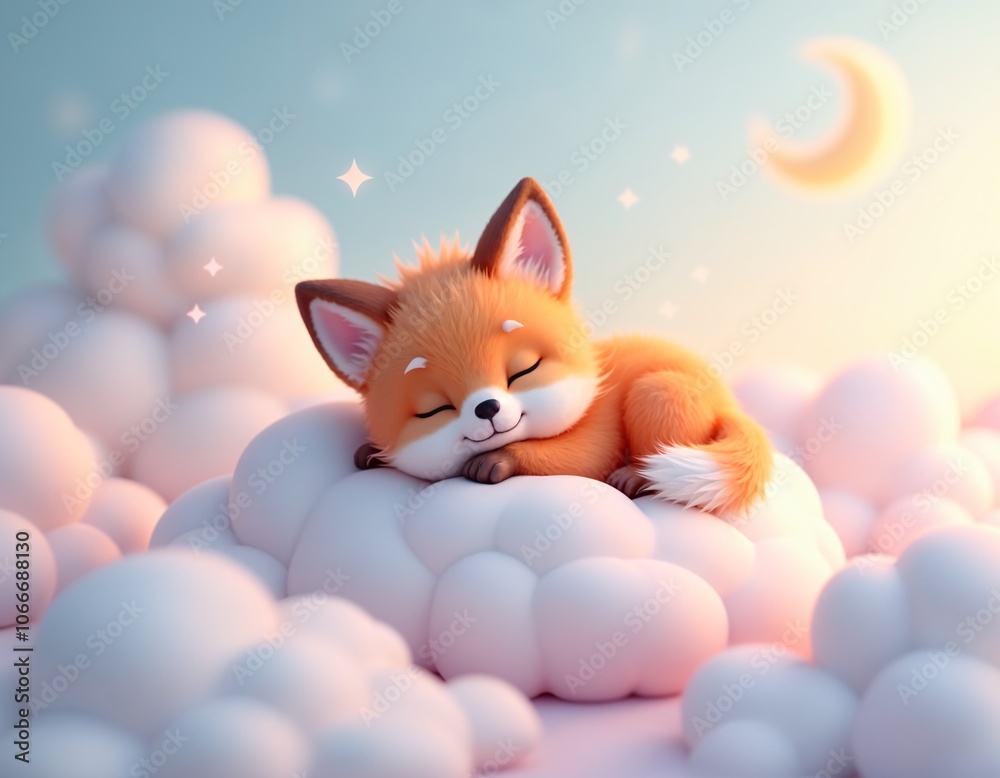 Fototapeta premium Adorable animals sleeping on fluffy clouds, dreaming in a soft, serene sky