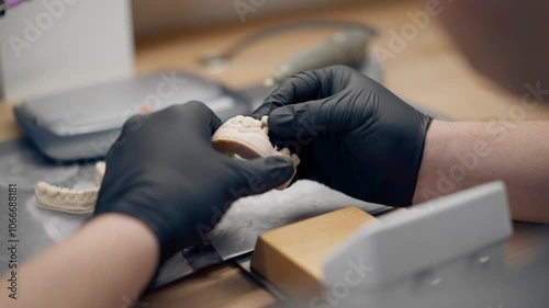 close up professional laboratory for the production of dental protoses veneers and crowns a specialist adjusts a crown to the shape of a person's jaw gums professional equipment photo