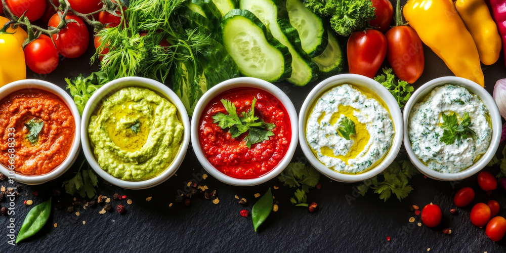 A colorful flat lay of various dips and spreads, including hummus, guacamole, and tzatziki, surrounded by fresh vegetables A colorful flat lay of various dips and spreads, including hummus, guacamole, and tzatziki, surrounded by fresh vegetables